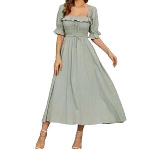 R YIPOSHA Sage Green Swiss Dot Cottagecore Smocked Dress Coquette Peasant - Sz M